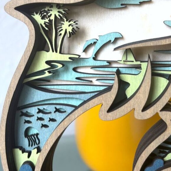 Breaching Dolphin and Calf Coastal Ocean Tropical Wooden Wood 3D Figure Diorama - Picture 4 of 6